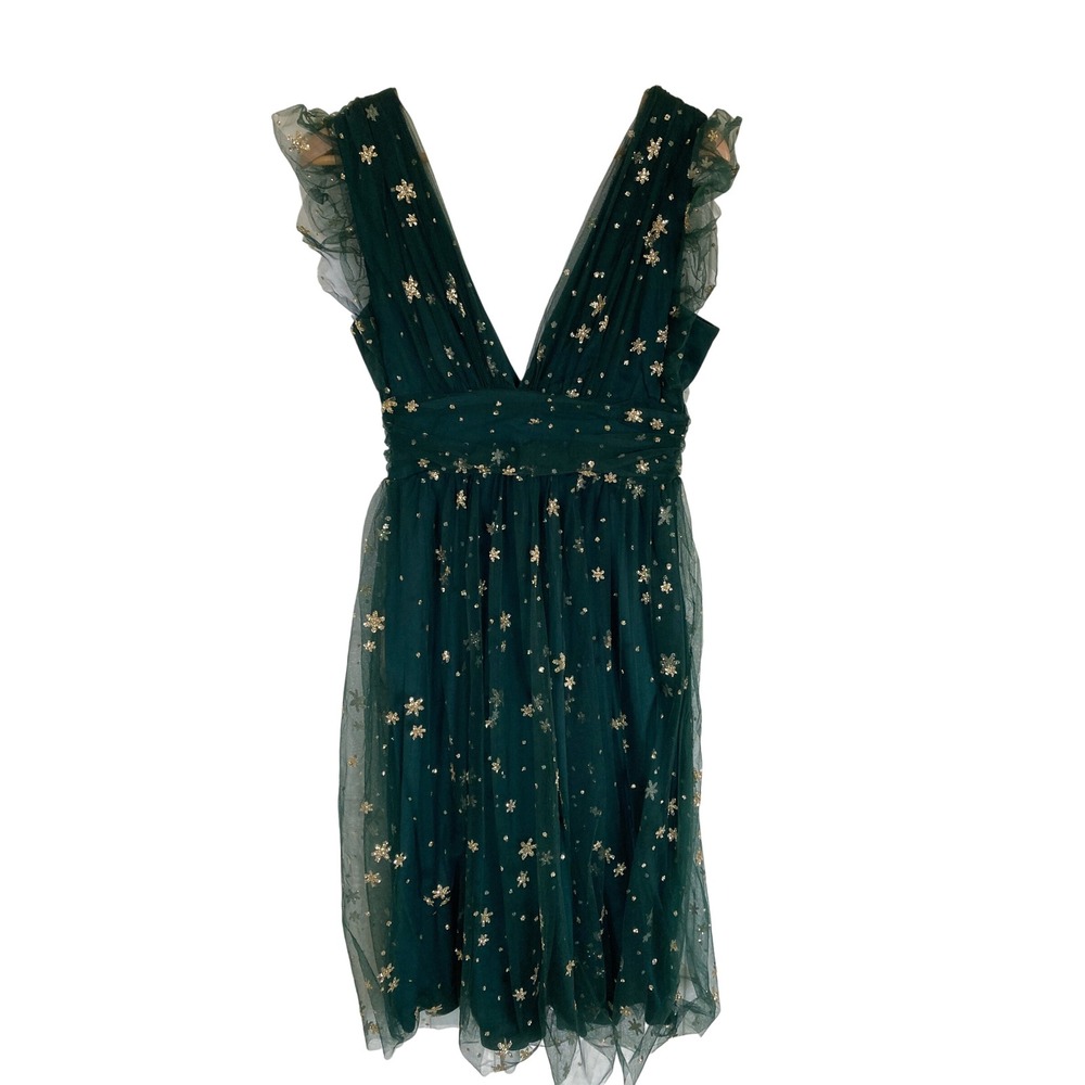 Soieblu Forest Green Tulle Gold Glitter Star Snowflake V-Neck Midi Dress M